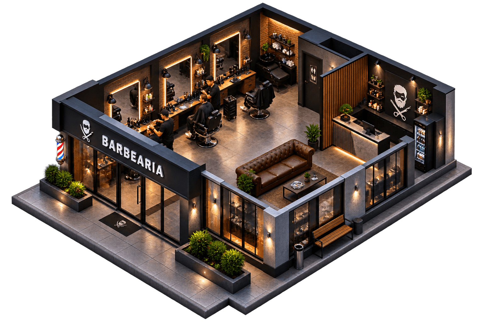 Planta isométrica de uma barbearia com recepção, cadeiras de corte, sala de espera e vitrine de produtos — os seis pontos que o Barbeiro.app conecta em uma só plataforma.